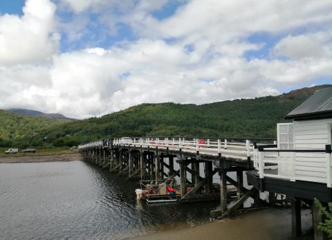 Toll bridge in the Mawddach Estuary in Snowdonia, Wales